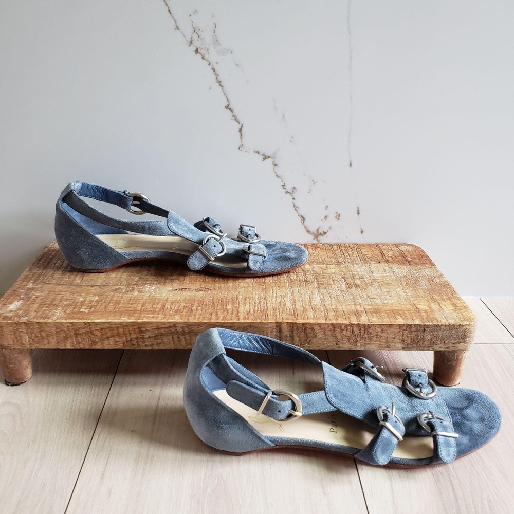 Christian Louboutin Sandals Womens 7 Blue Suede Buckle Strappy Flat Summer Shoes